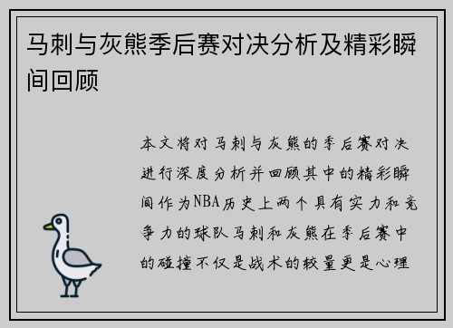 马刺与灰熊季后赛对决分析及精彩瞬间回顾